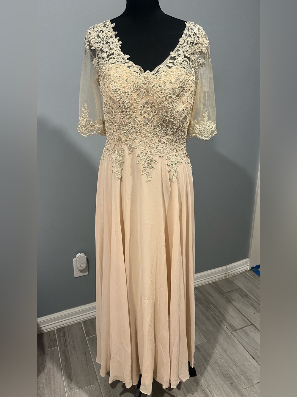 Elegant Lace Appliqué Evening Gown - Blush